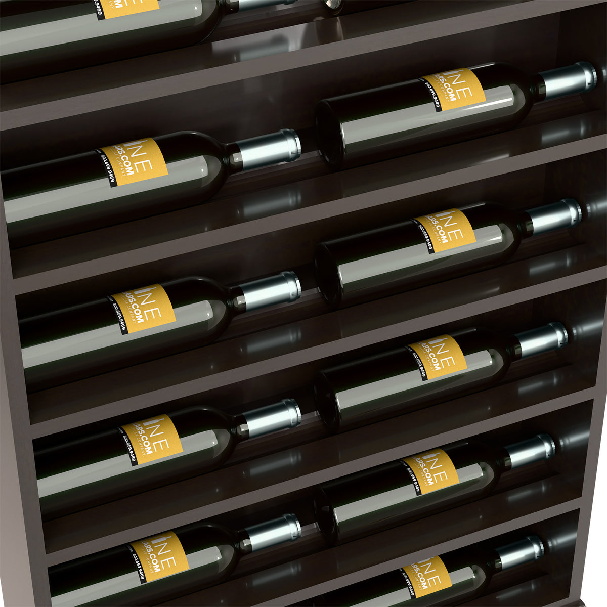 Close-up of wine bottles resting in horizontal slots on a dark wood display rack