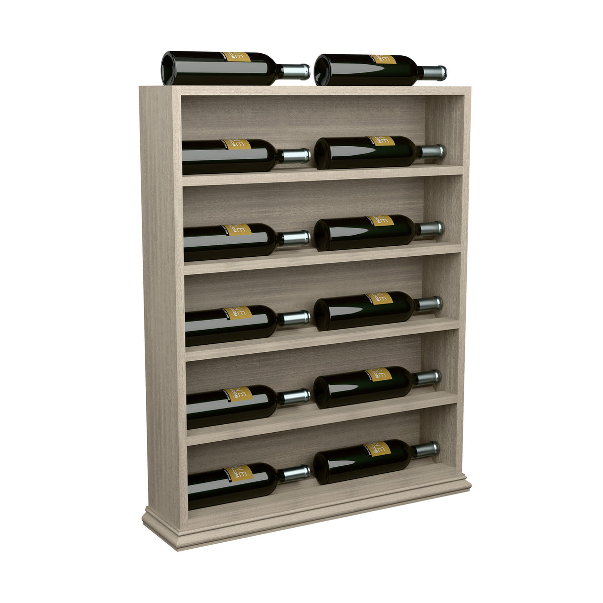 Wine bottle display end cap rack with six horizontal slots, light gray wood finish