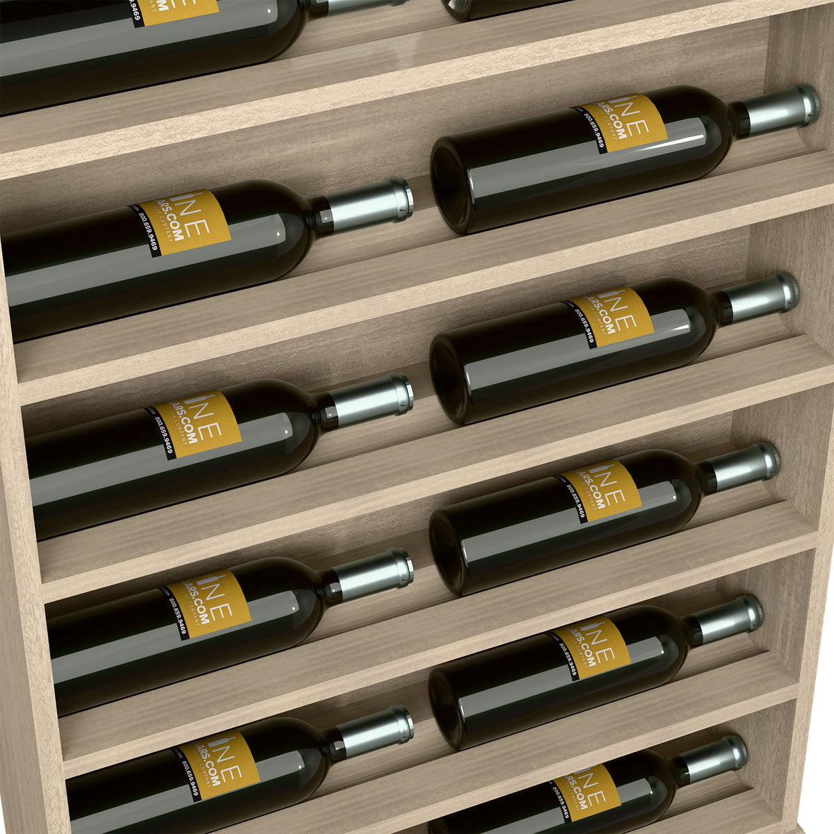 Light gray wood wine rack end cap detail with multiple horizontal bottle slots