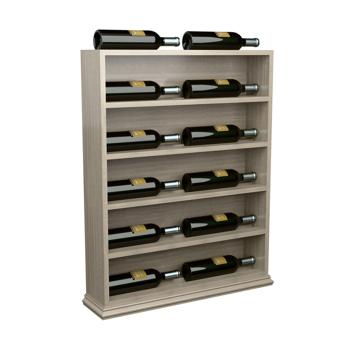 Wine bottle display end cap rack with green bottles in light gray wooden compartments