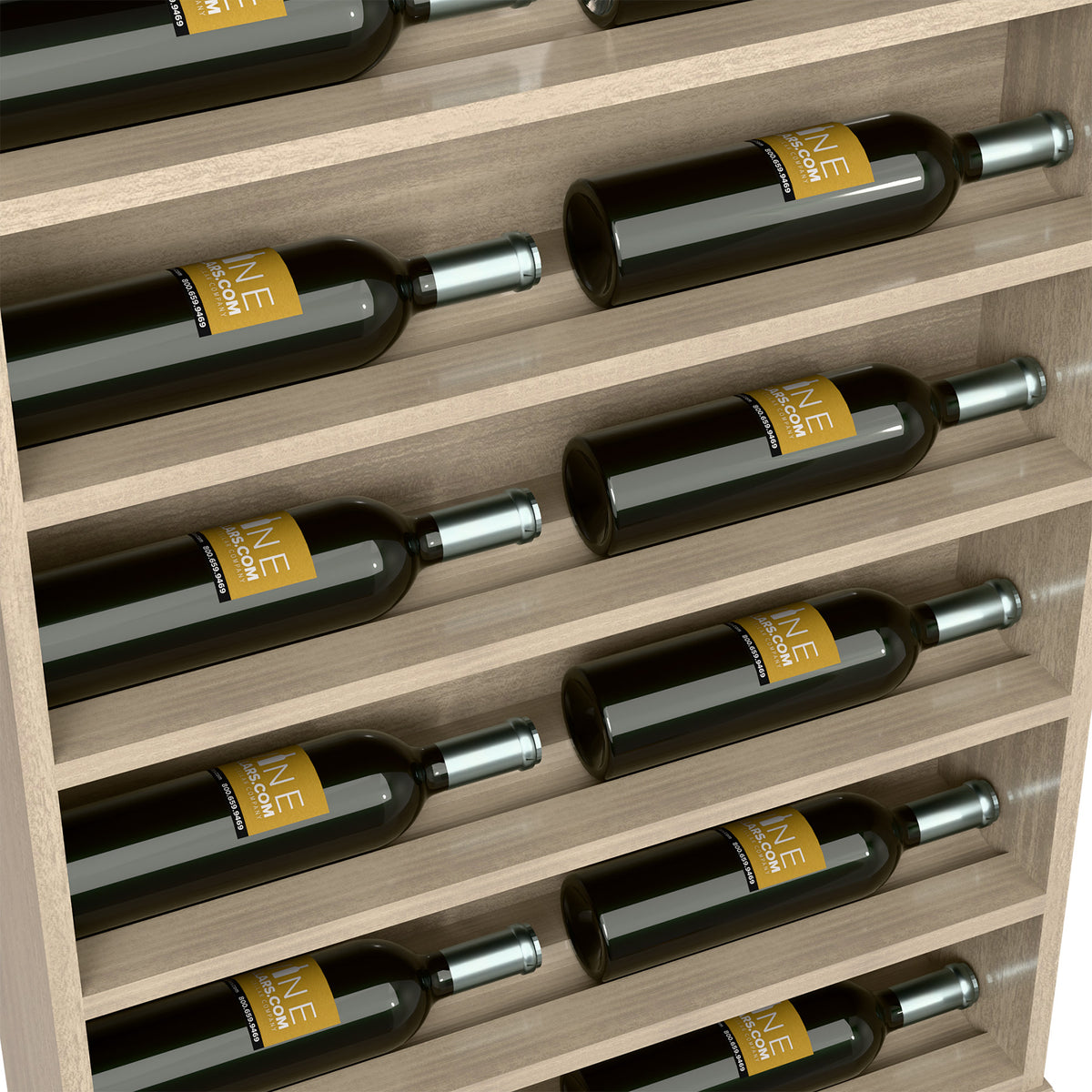 Light gray wine rack end cap close-up with bottles and horizontal dividers