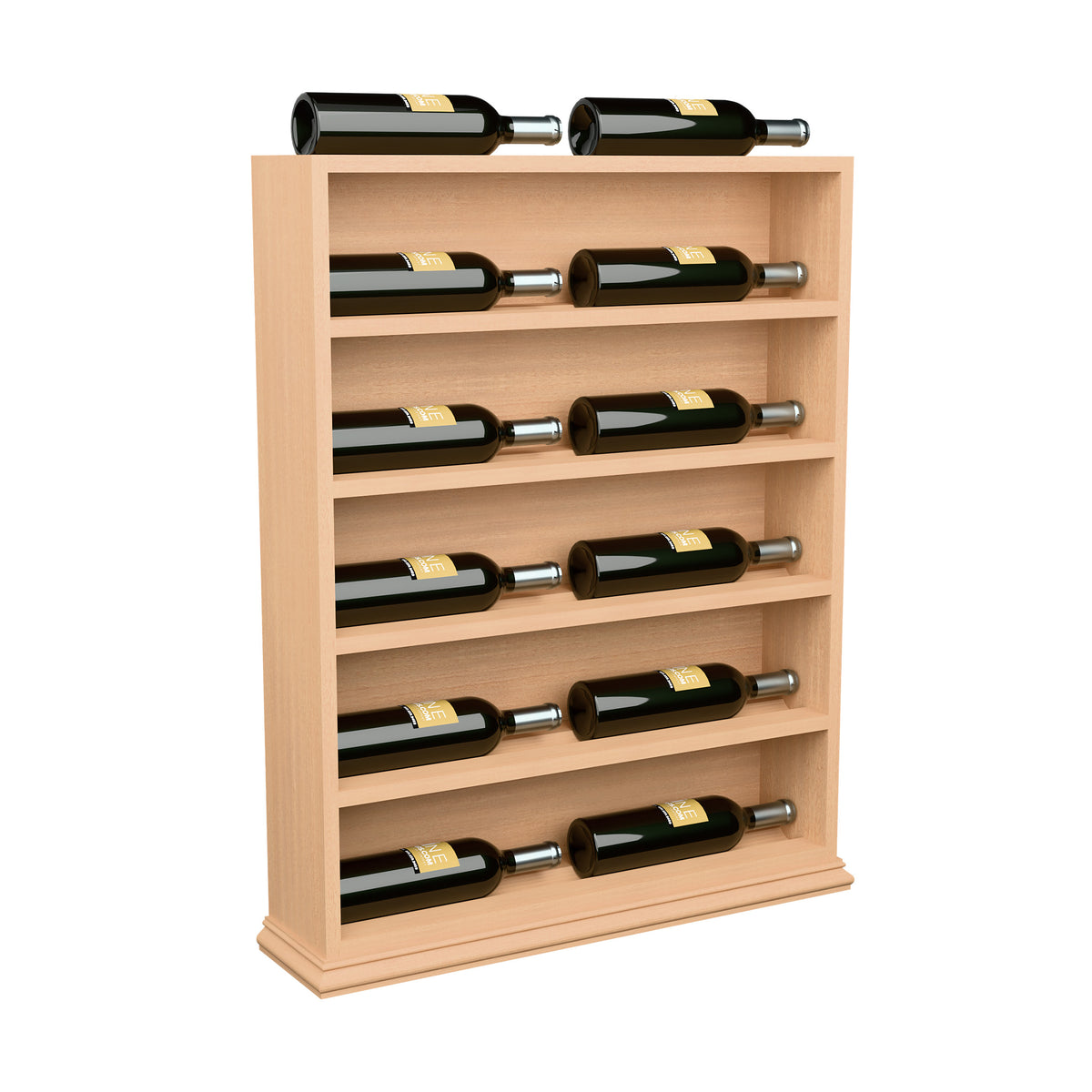 Wine bottle display end cap rack with green bottles, light natural wood finish