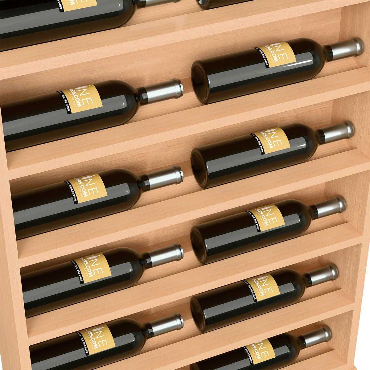 Natural wood wine rack end cap close-up with horizontal bottle slots and bottle tops