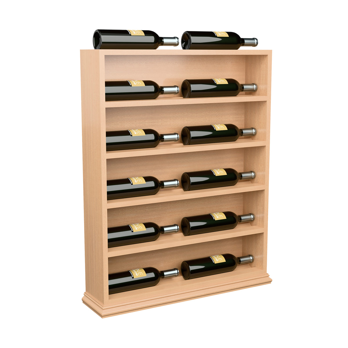Wine bottle display end cap rack with green bottles, natural wood finish and side supports