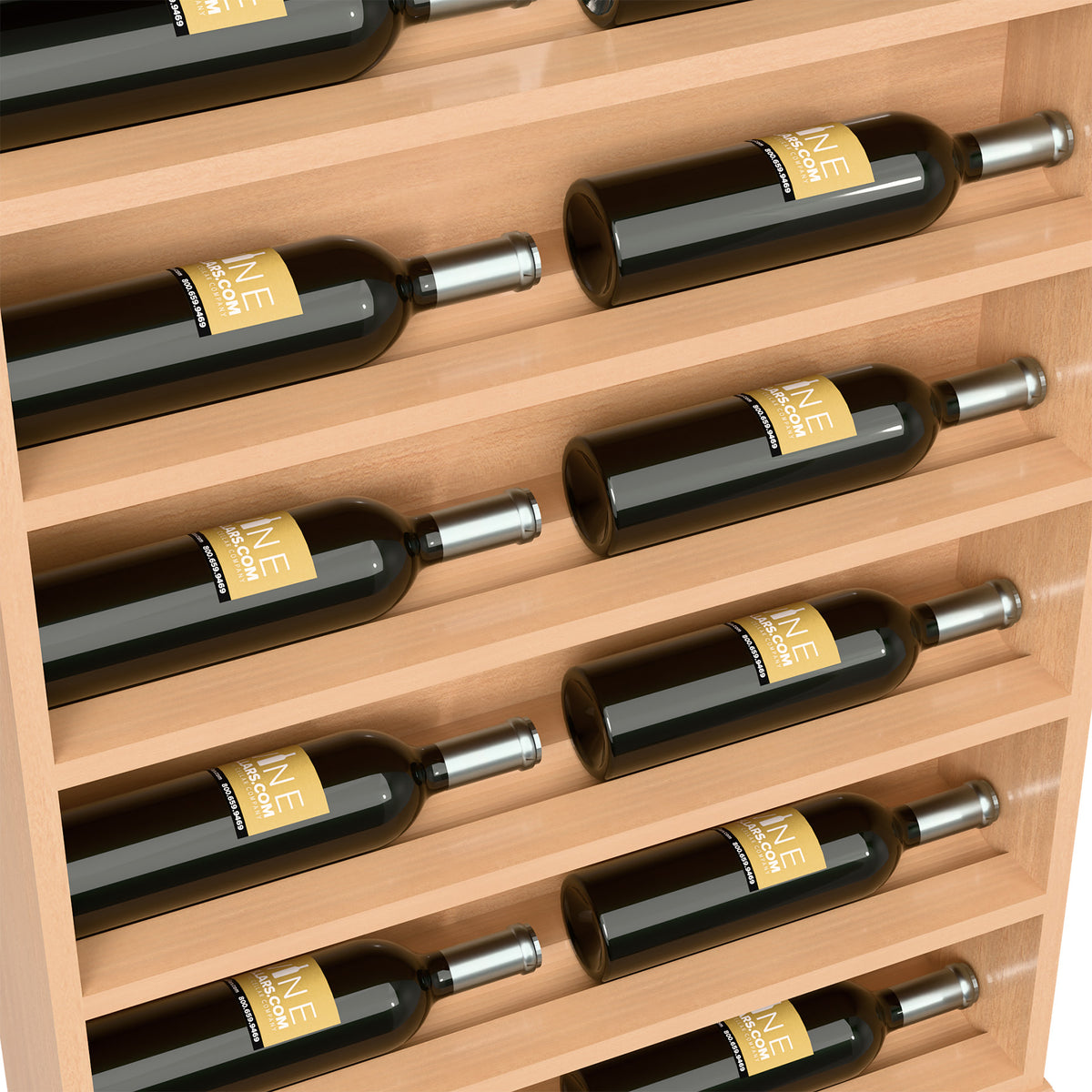 Natural wood wine rack end cap close-up showing horizontal bottle slots