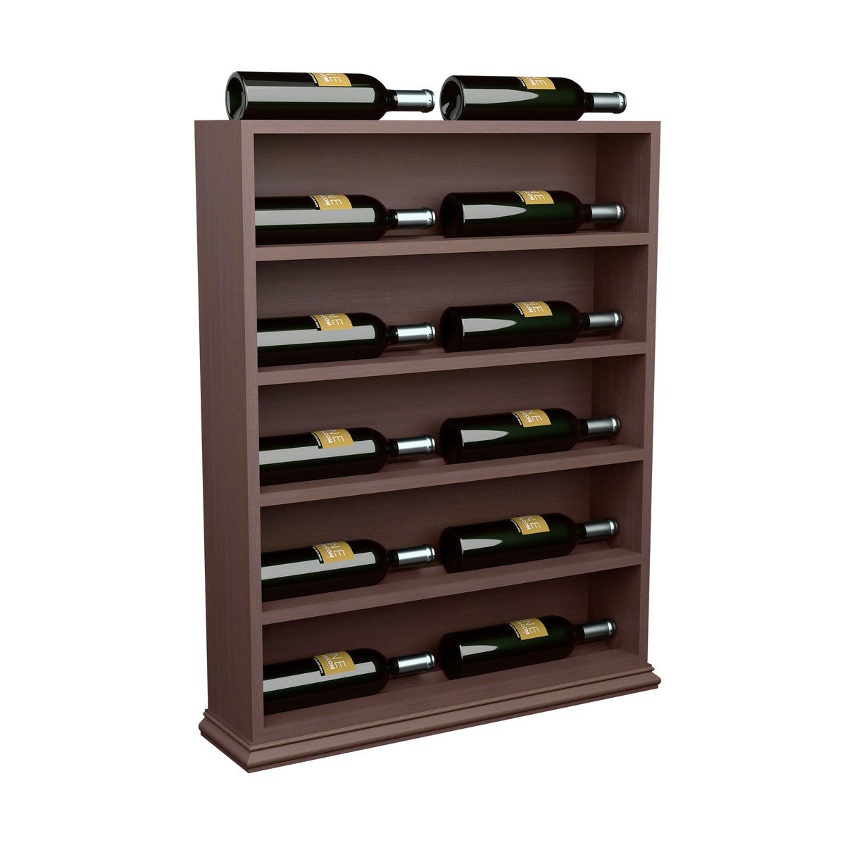 Wine bottle display end cap rack with green bottles, dark walnut wood finish