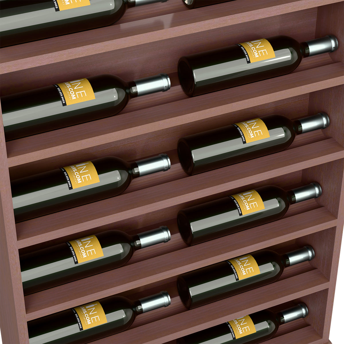Dark wood wine rack end cap close-up with horizontal bottle slots and bottles