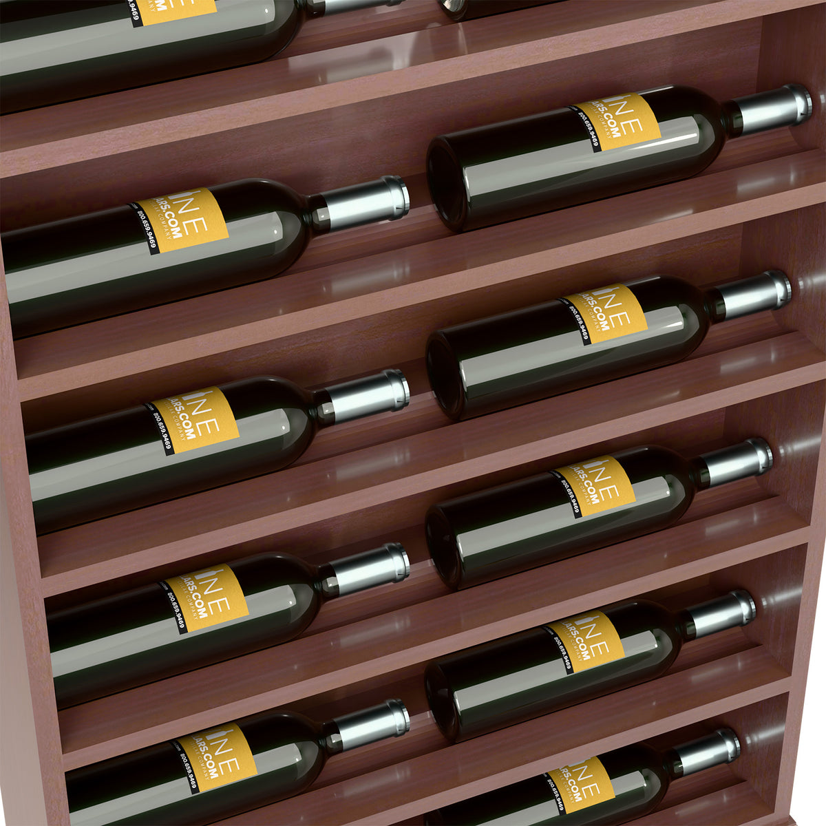 Close-up of dark wood wine bottle display rack with horizontal bottle slots