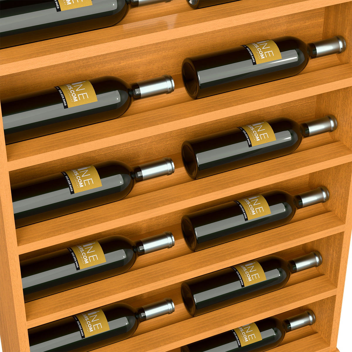 Close-up of natural wood wine bottle display rack with horizontal bottle slots