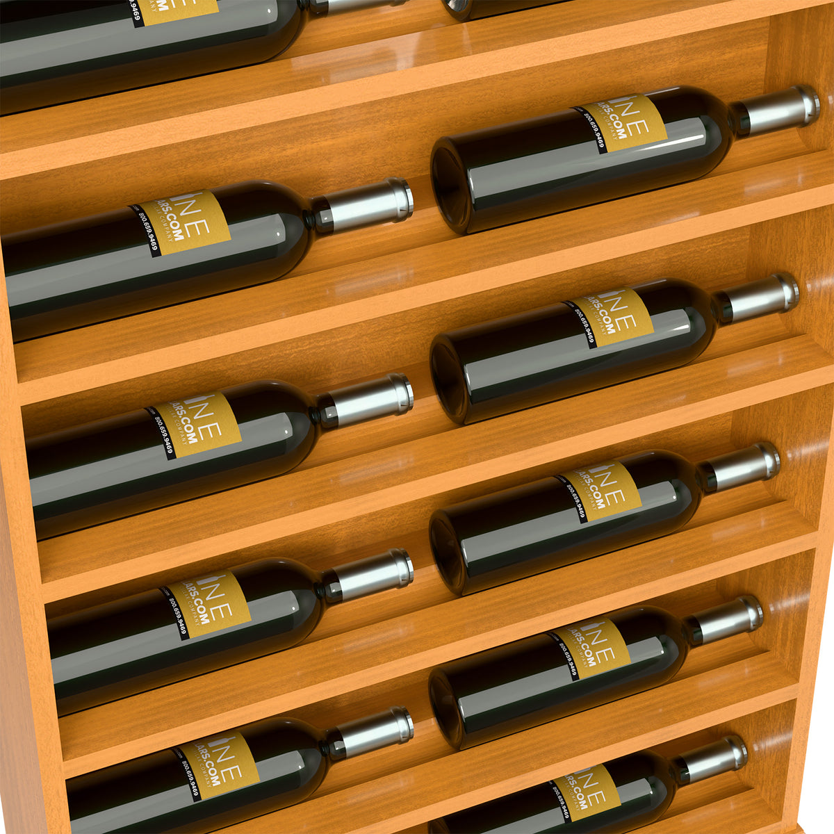 Close-up of light wood wine bottle display rack showing bottle rows and slots