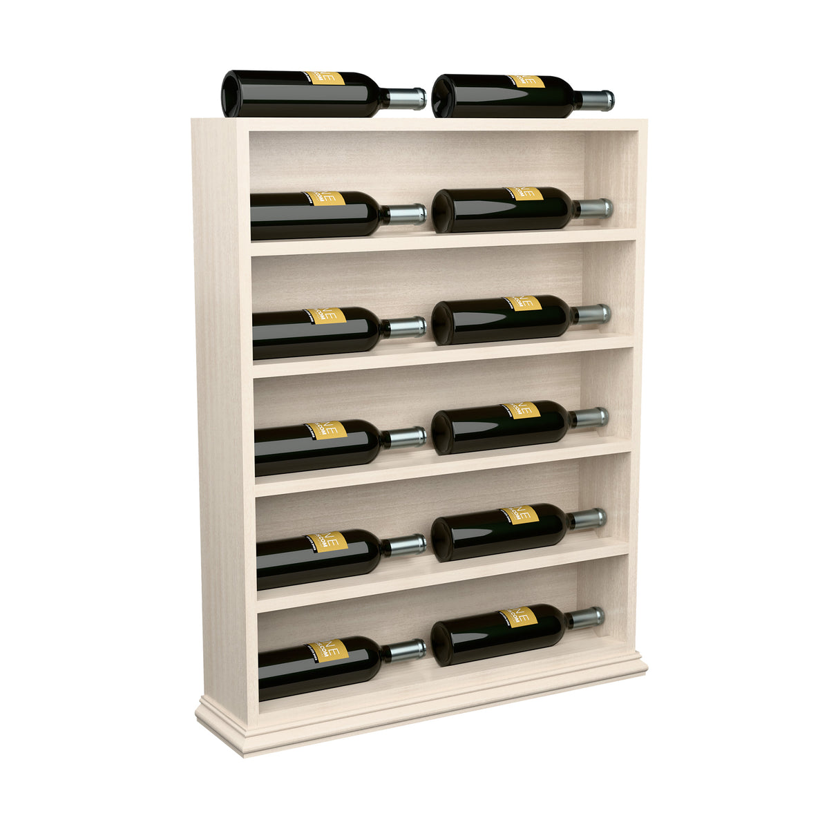 White wine bottle display rack with horizontal slots for bottles and metal end caps