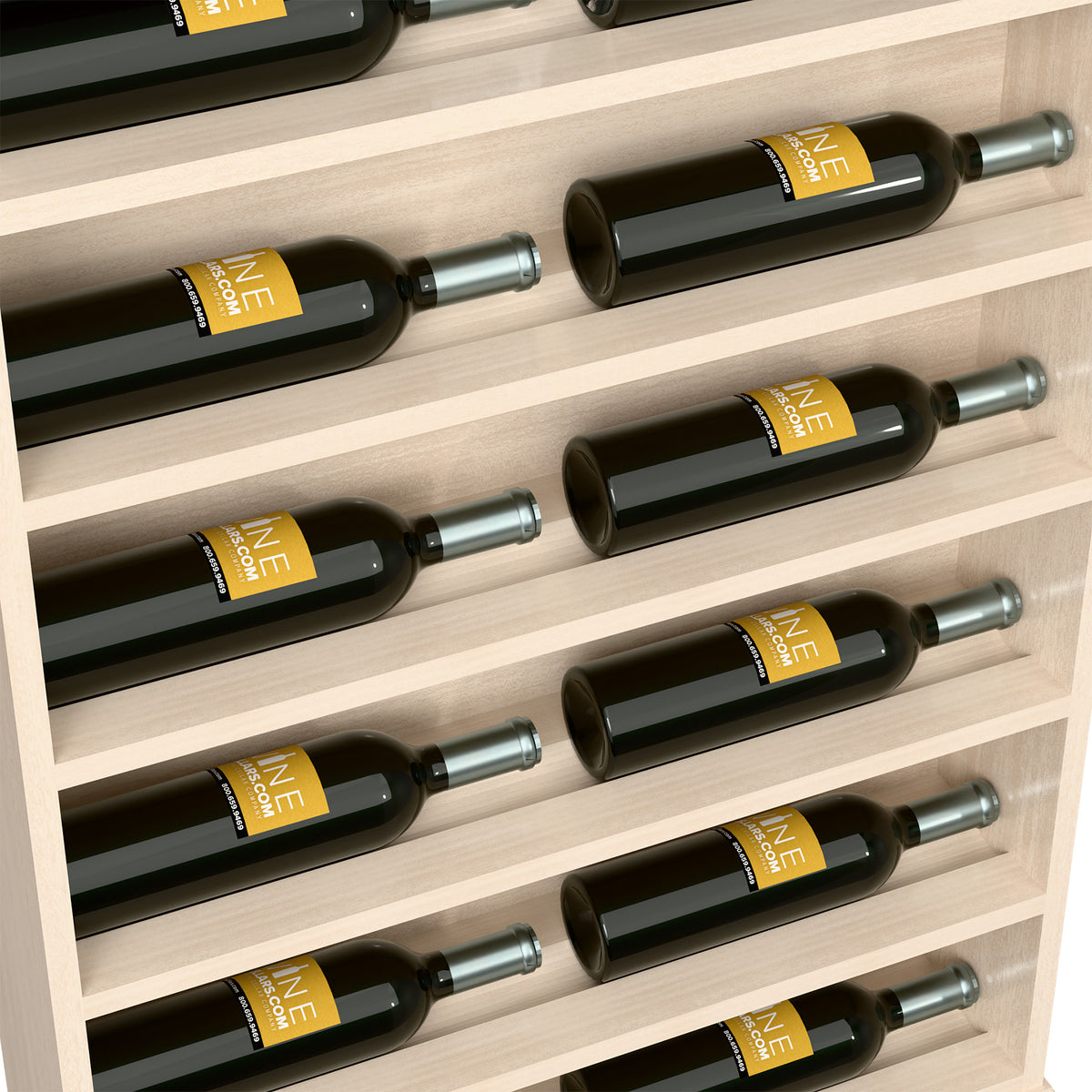 Close-up of white wine bottle display rack showing multiple horizontal bottle slots