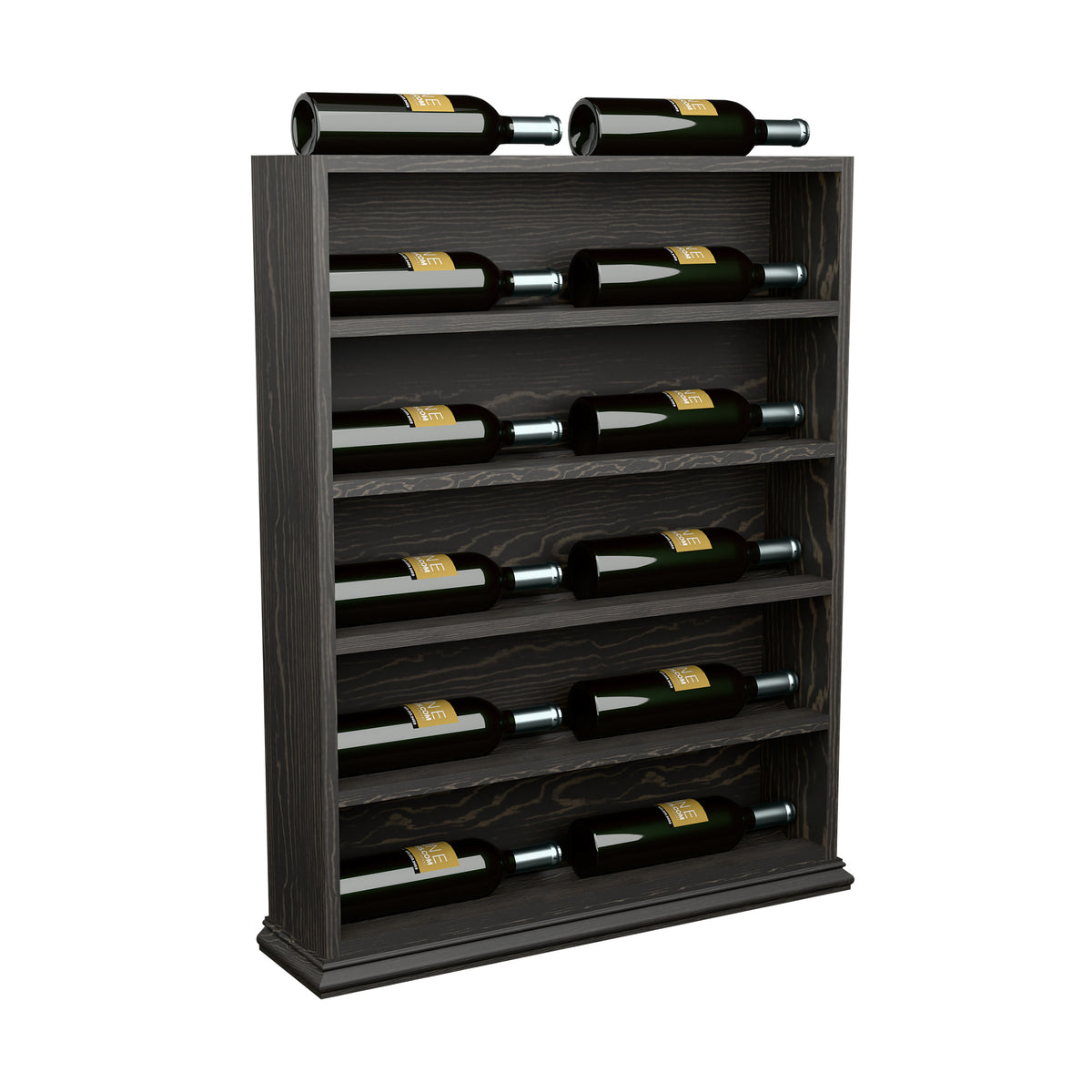 Dark wood wine bottle display rack with horizontal slots and end caps