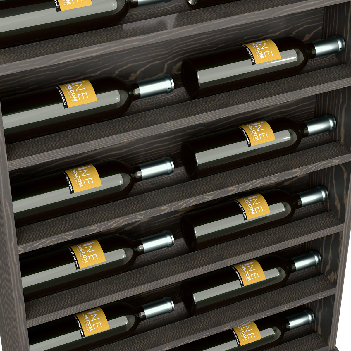 Close-up of dark wood wine bottle rack showing horizontal bottle slots