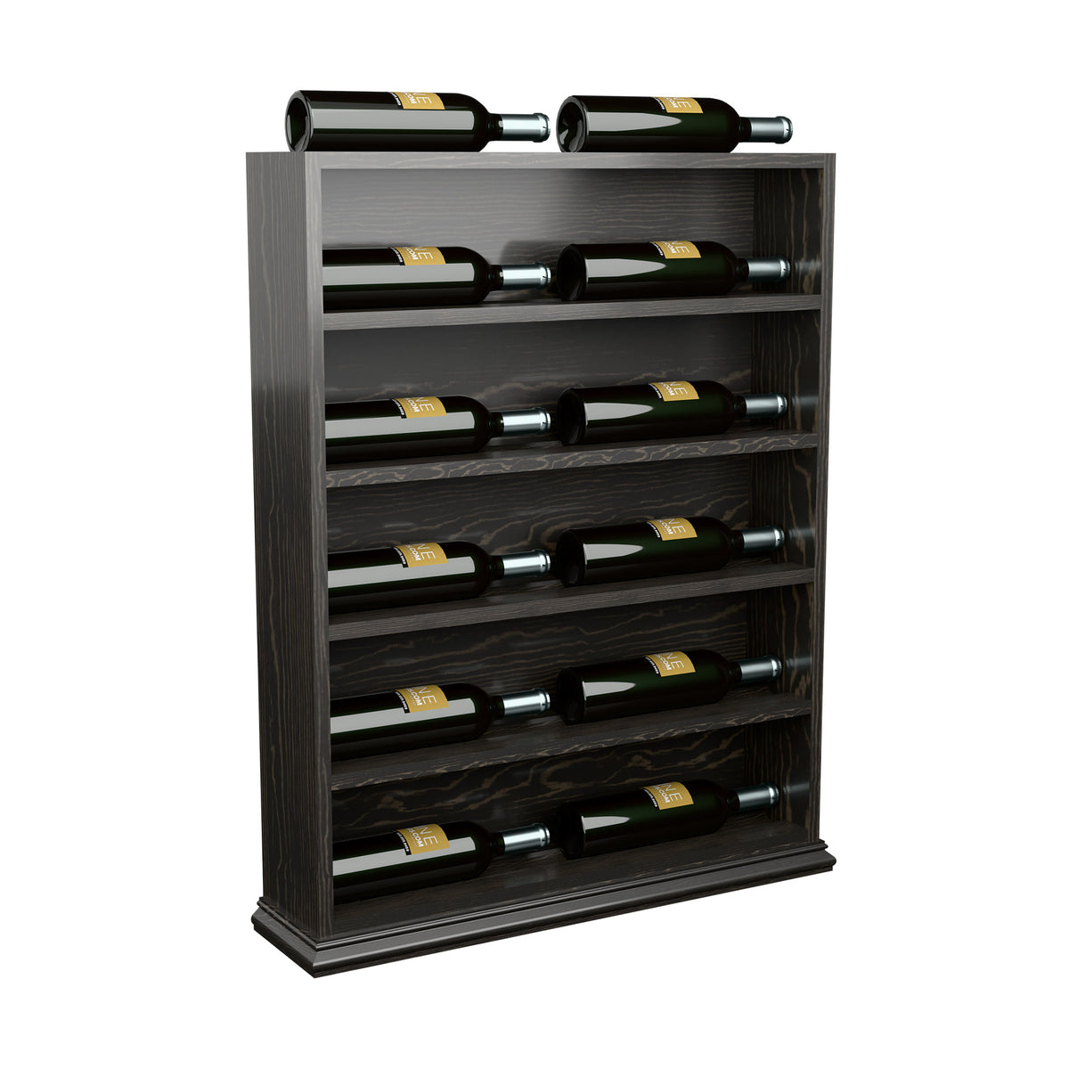 Dark wood wine bottle display rack with top bottles and multiple horizontal slots