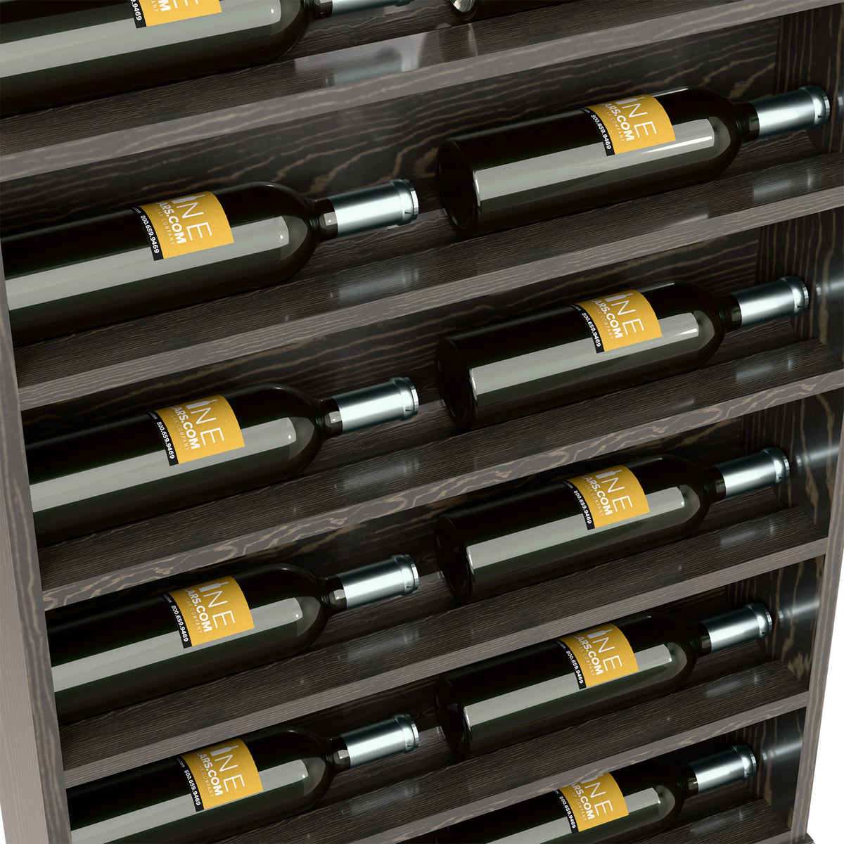 Close-up of dark wood wine bottle display rack with bottles in horizontal slots