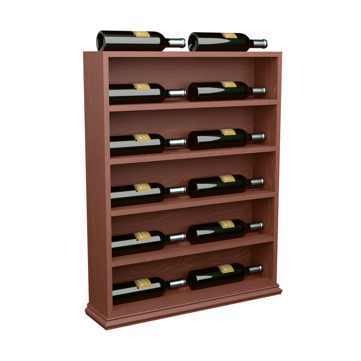 Red-brown wood wine bottle display rack with horizontal slots and top bottles
