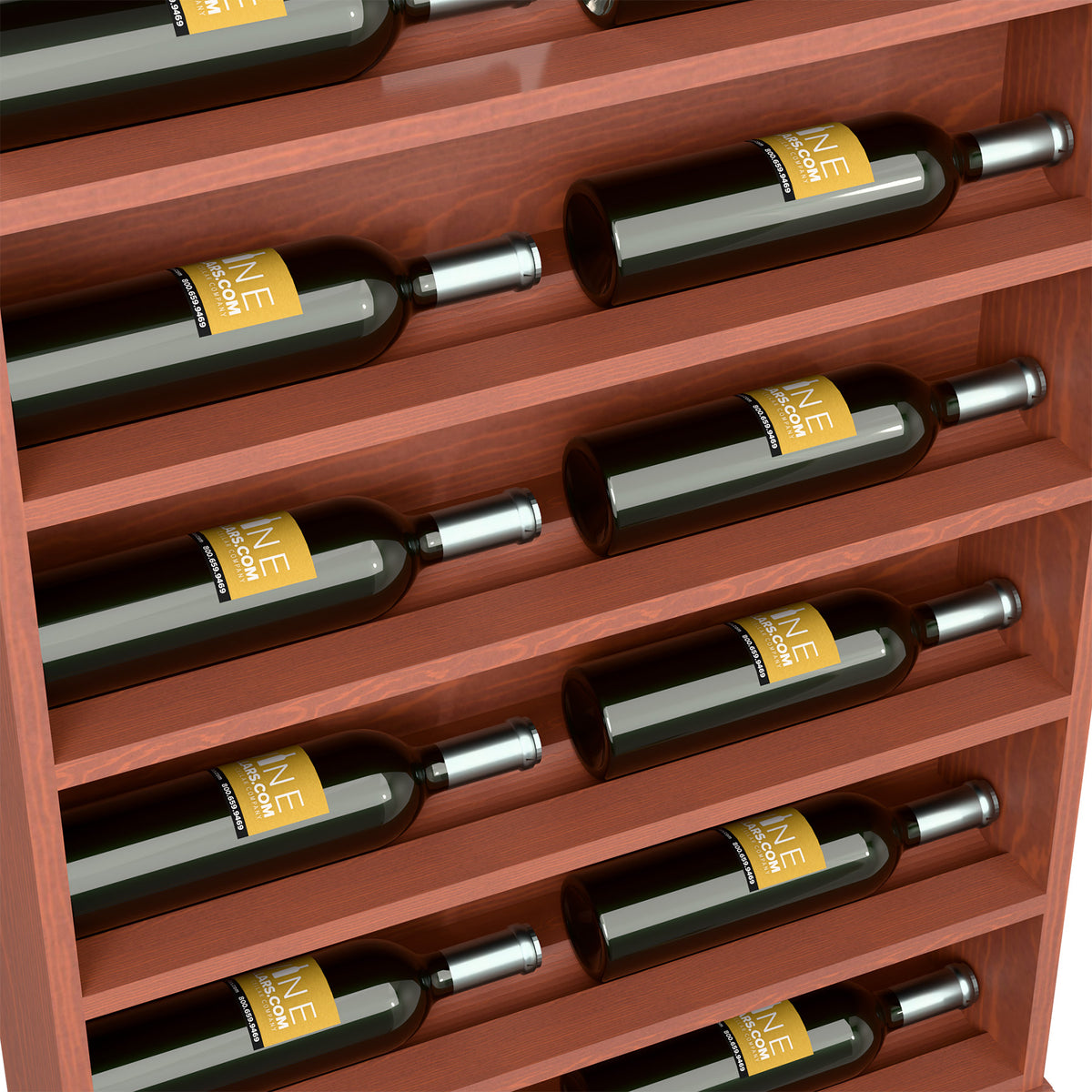 Close-up of red-brown wood wine bottle rack with bottles in horizontal slots