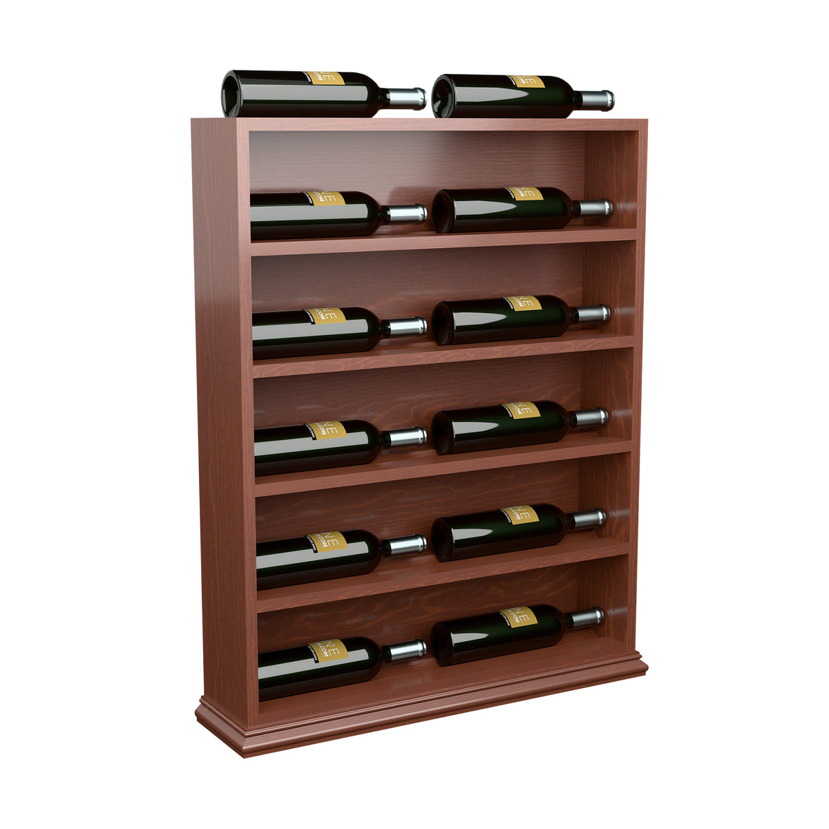 Red-brown wood wine bottle display rack with top bottles and multiple horizontal slots