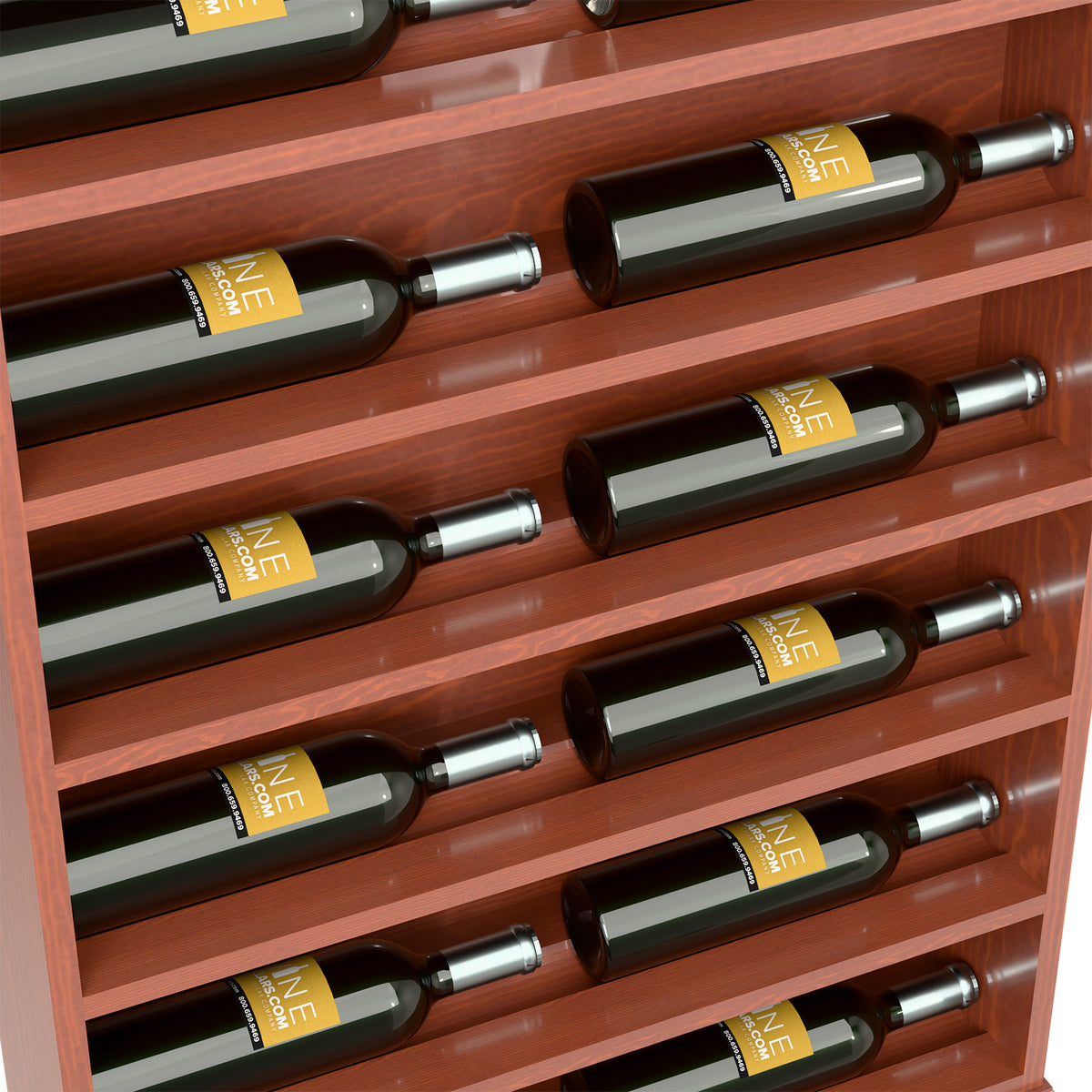 Close-up of red-brown wood wine bottle display rack with bottles in slots