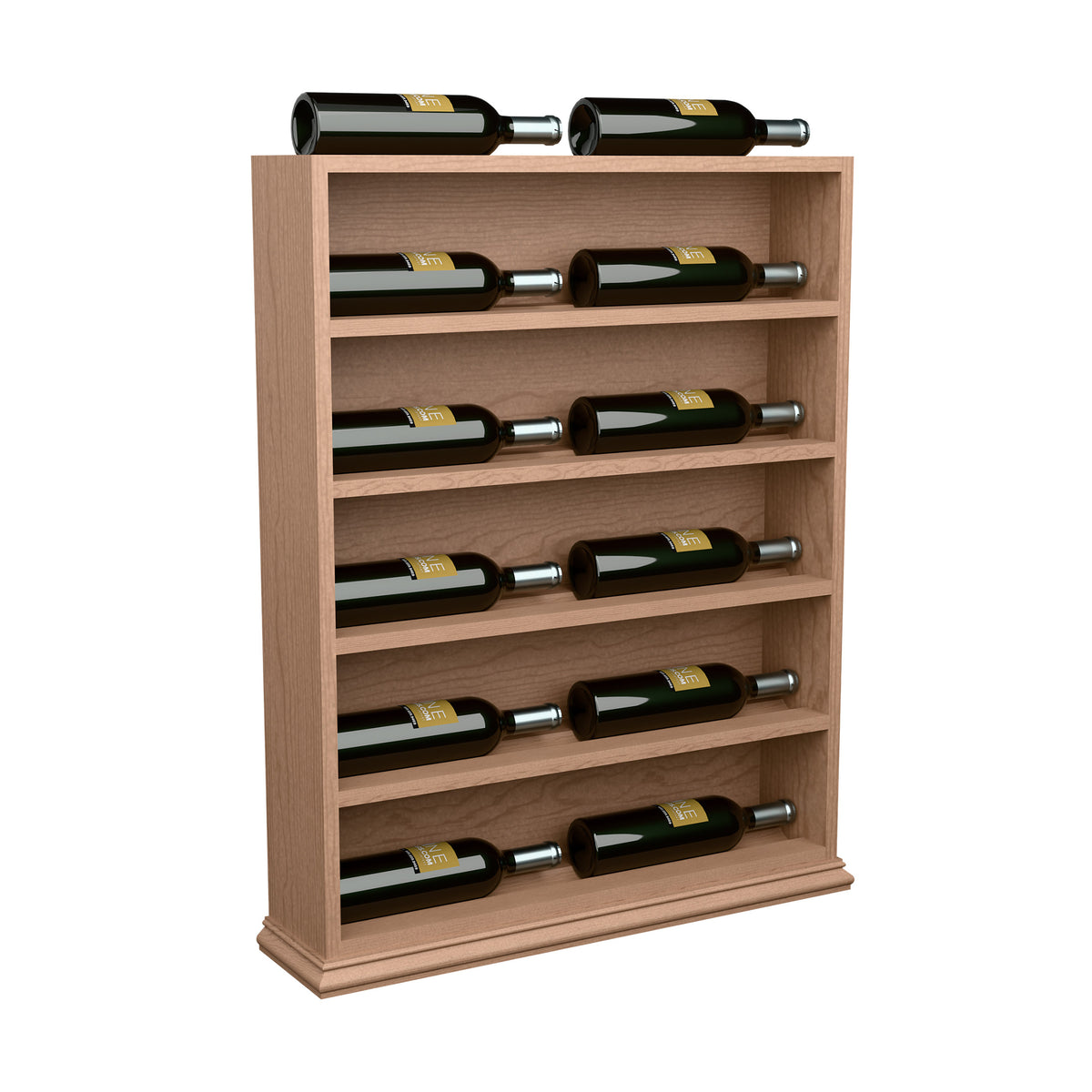 Light wood wine bottle display rack with horizontal slots and top bottles