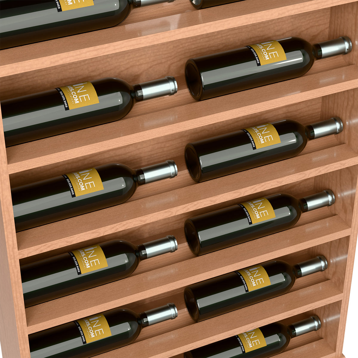 Close-up of light wood wine rack showing horizontal bottle slots and bottle necks