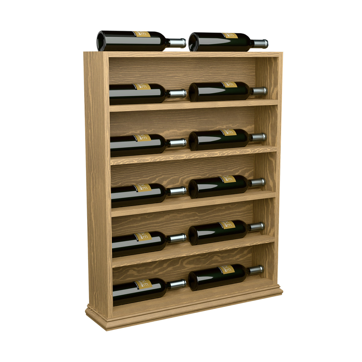 Light wood wine bottle display rack standing unit with horizontal slots and end cap