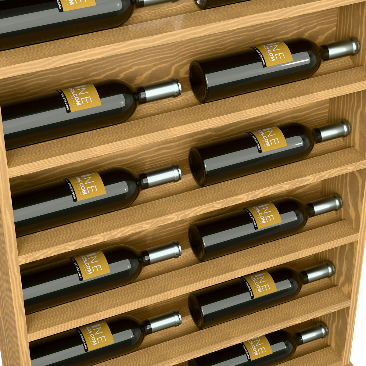Close-up of light wood horizontal wine rack with several bottles in slots