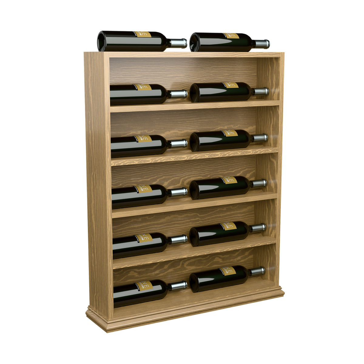 Light wood horizontal wine bottle display rack with front slots and stacked bottles