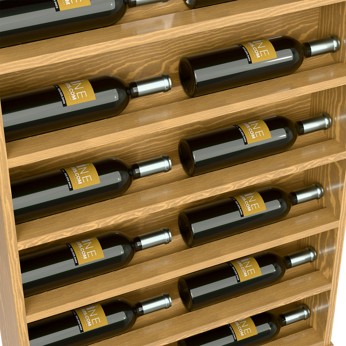 Close-up view of light wood wine rack showing horizontal rows of bottles