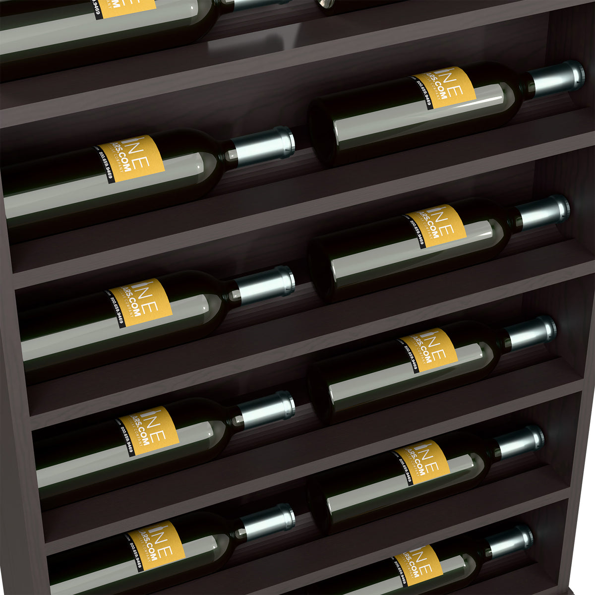 Close-up of dark wood wine rack with horizontal bottle slots and bottle labels
