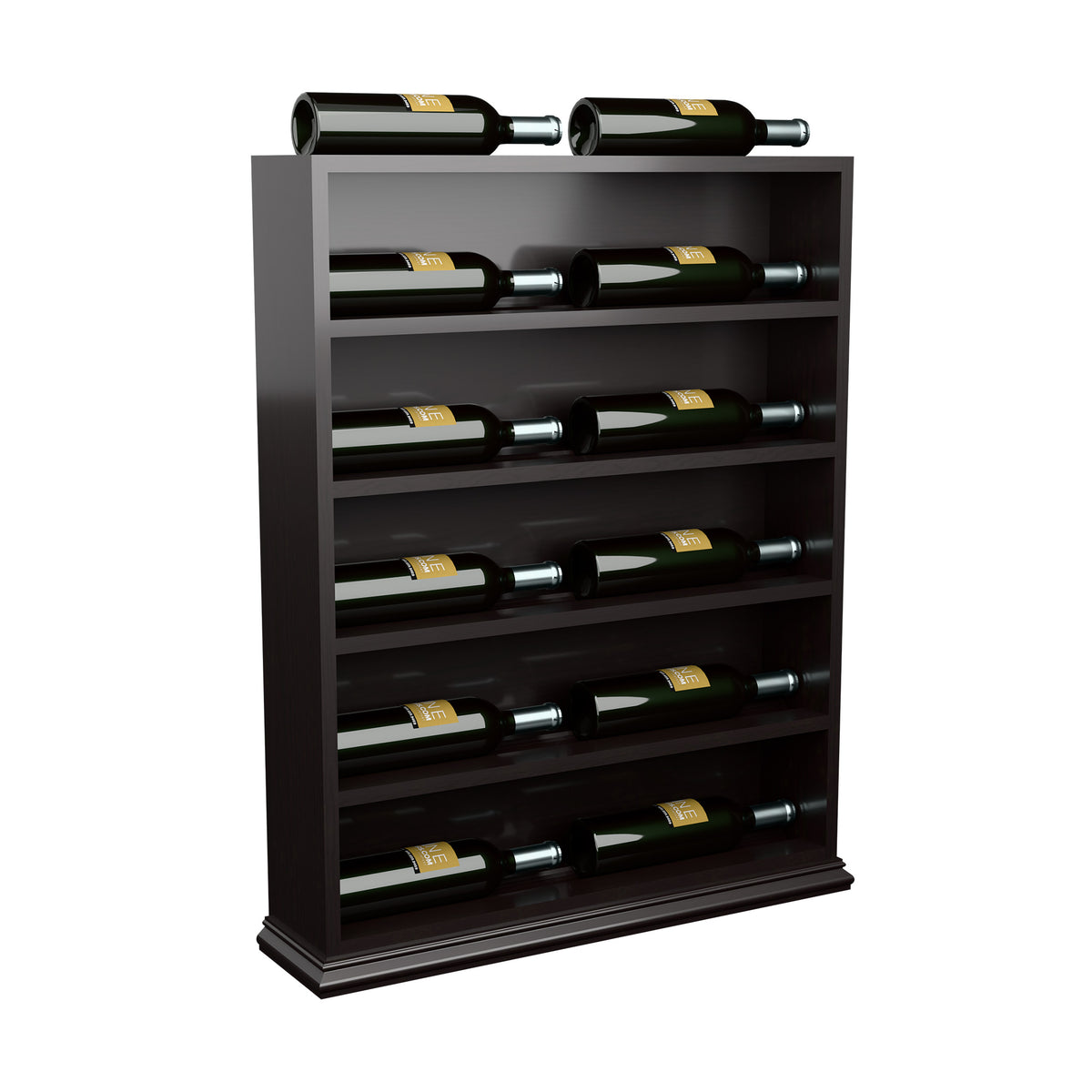 Dark wood wine bottle display rack with horizontal slots and bottles arranged upright