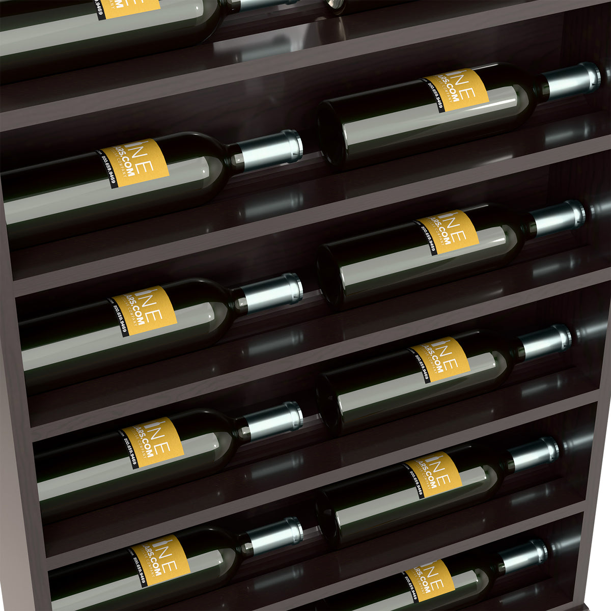 Close-up of dark wood horizontal wine rack with several bottles in parallel slots