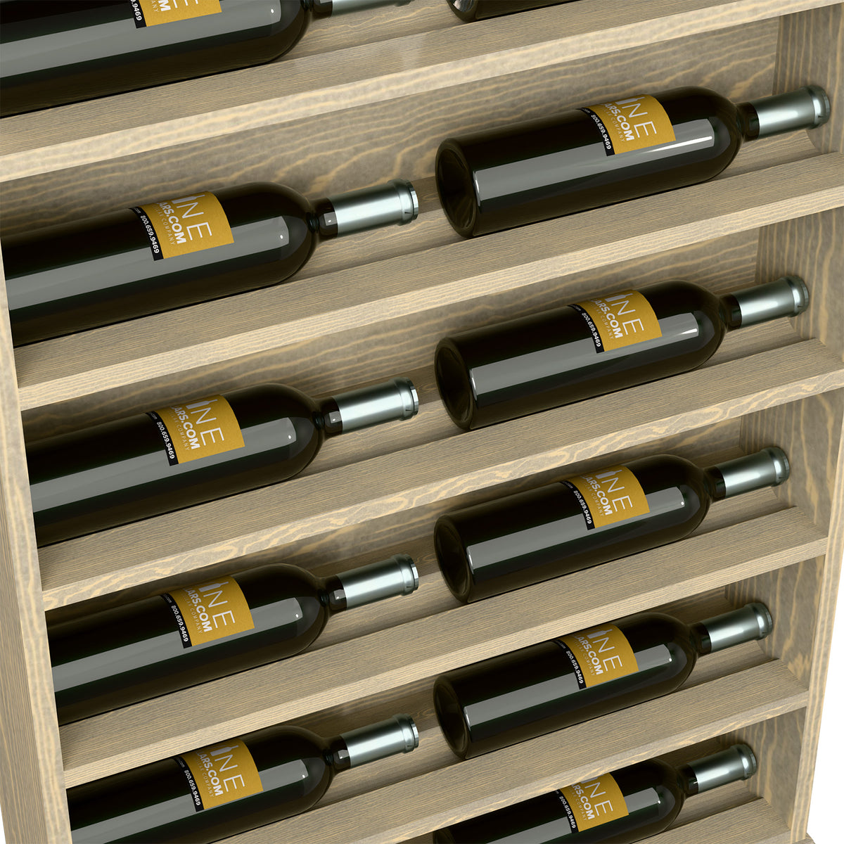 Close-up of light wood horizontal wine bottle rack end cap with bottle rows
