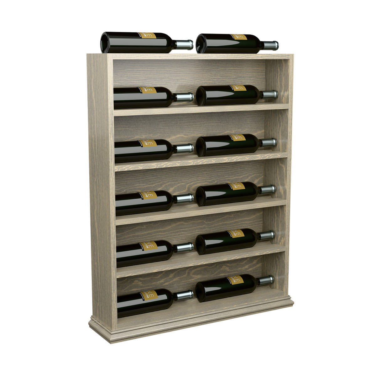 Light wood horizontal wine bottle display rack end cap, front view