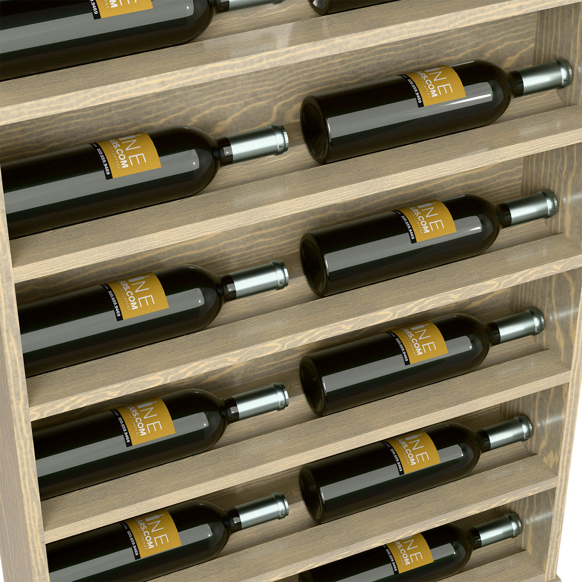 Close-up of light wood horizontal wine bottle rack end cap with staggered rows
