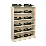 Light wood horizontal wine bottle display rack end cap with bottles in tiers