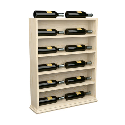 Light wood horizontal wine bottle display rack end cap with bottles in tiers