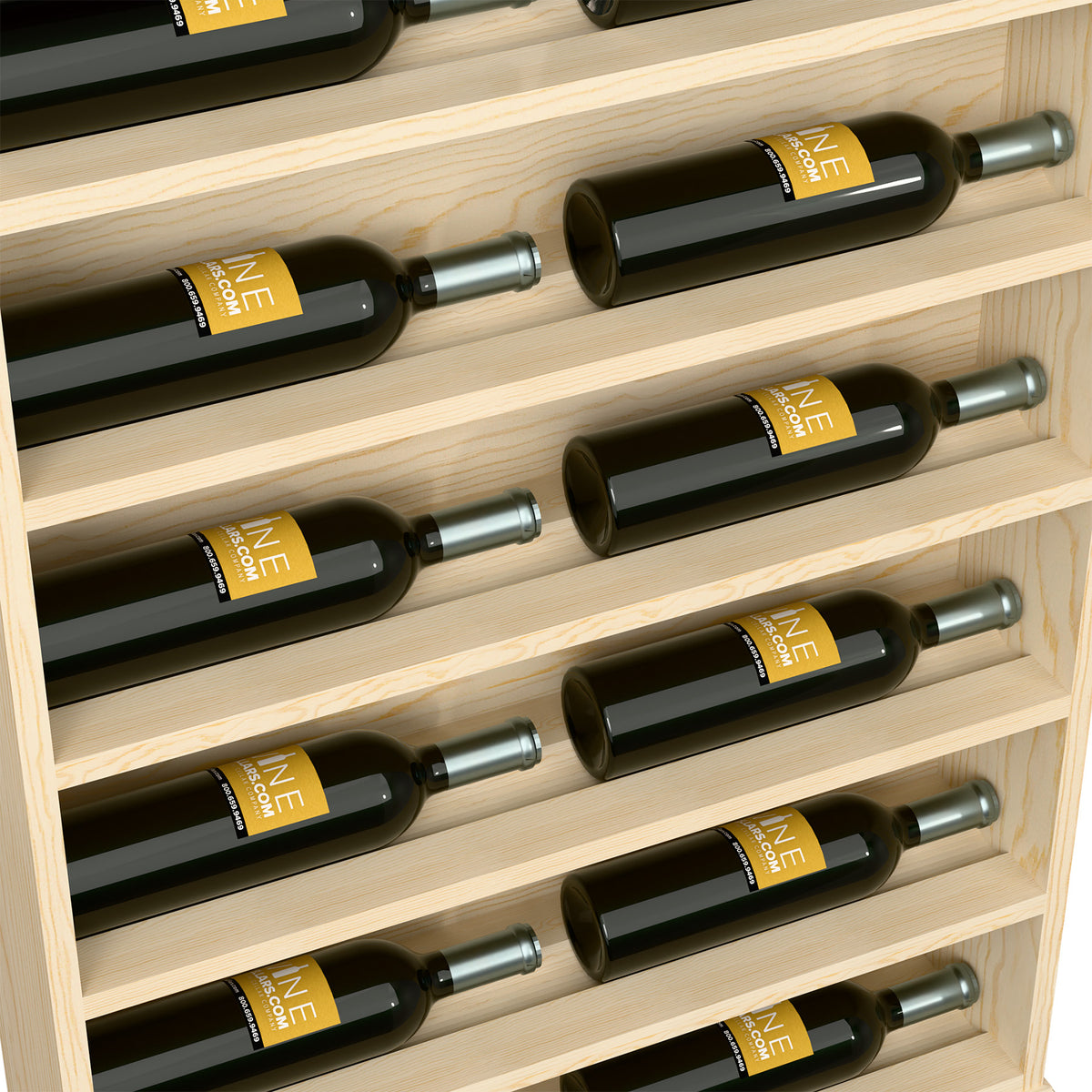 Close-up of light wood horizontal wine bottle rack end cap and metal bottle rails