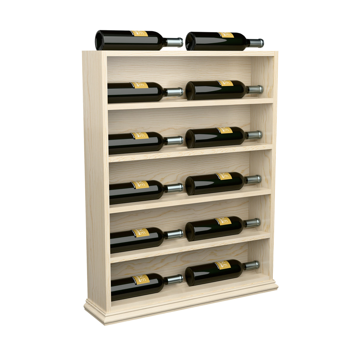 Light wood horizontal wine bottle display rack end cap, wider front angle