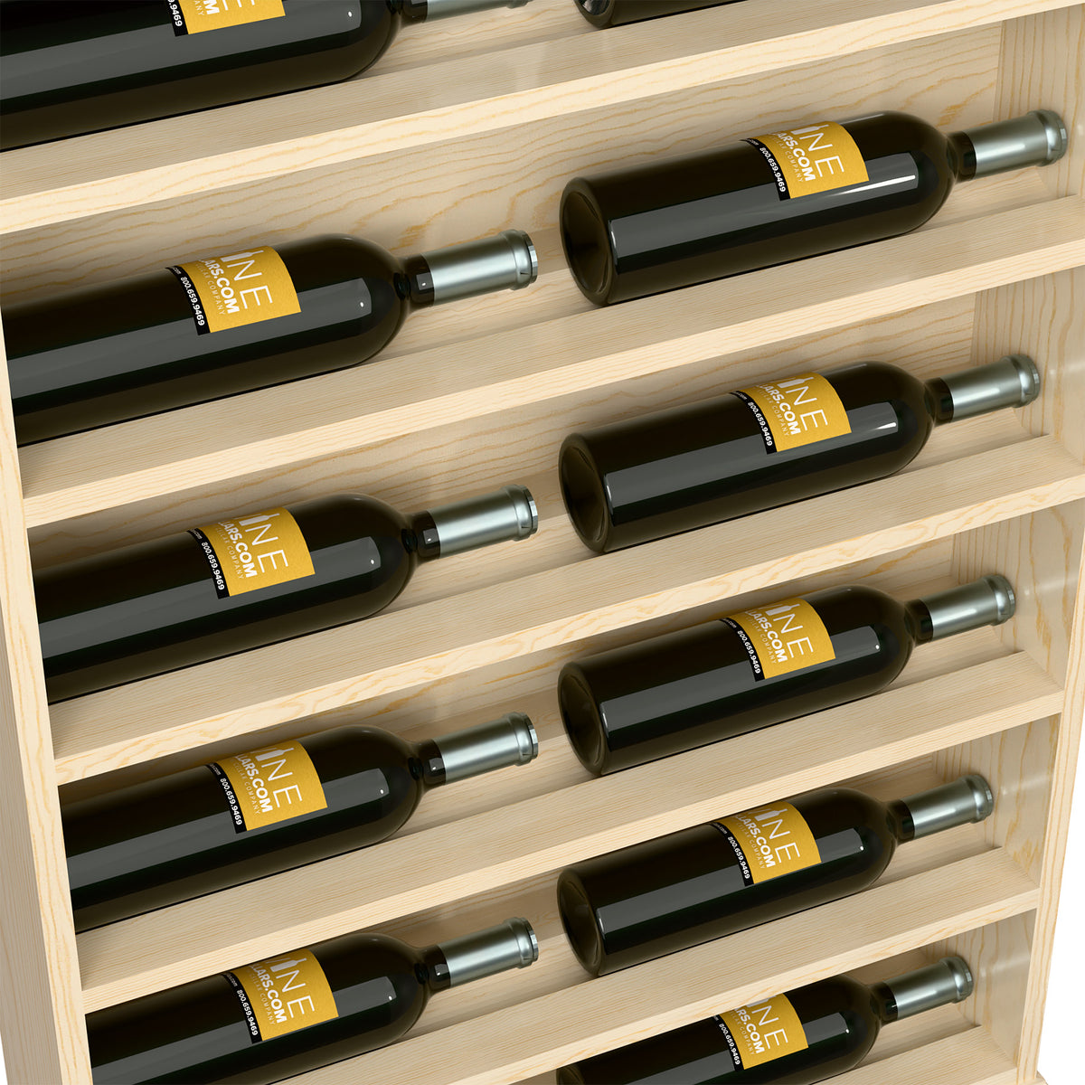 Close-up of light wood horizontal wine bottle rack end cap with multiple bottle slots
