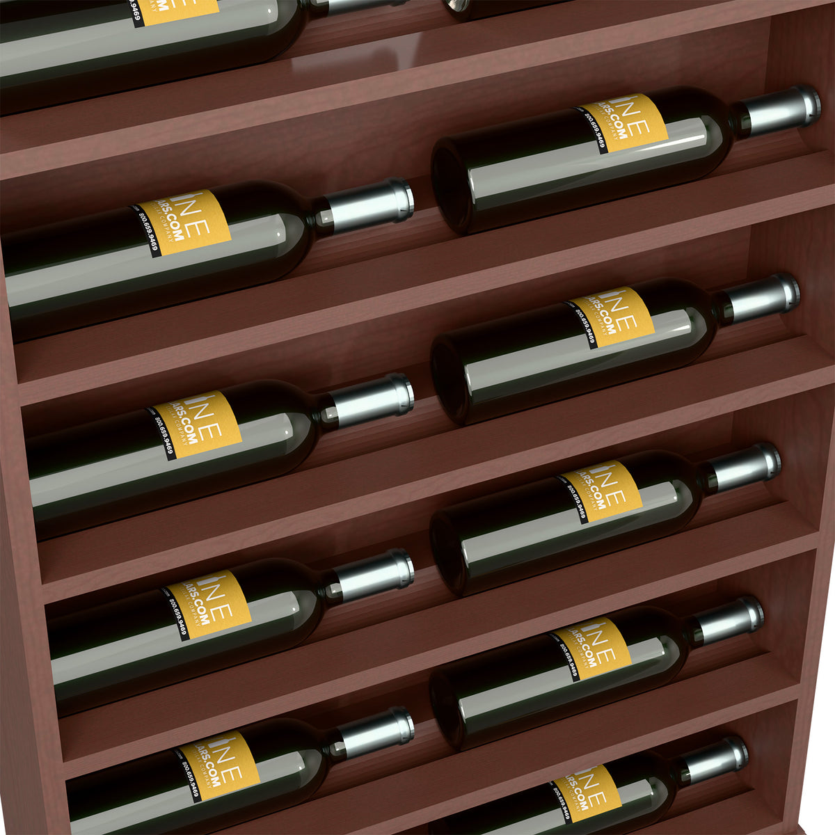 Close-up of dark brown horizontal wine bottle rack end cap with bottle rows