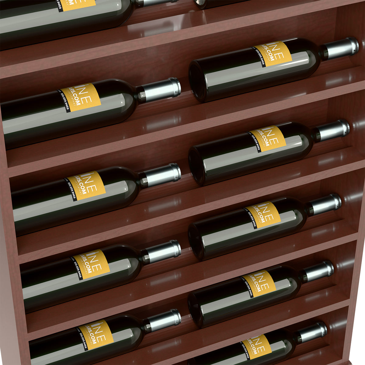 Close-up of wine bottles in dark brown wooden slots with silver bottle necks
