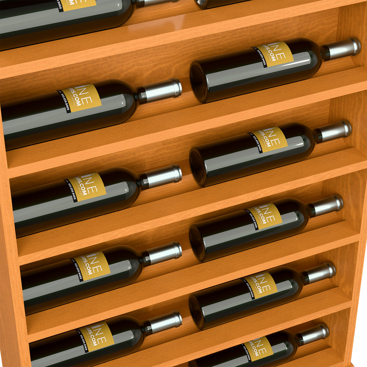 Close-up of wine bottles on light wood shelves with silver bottle necks
