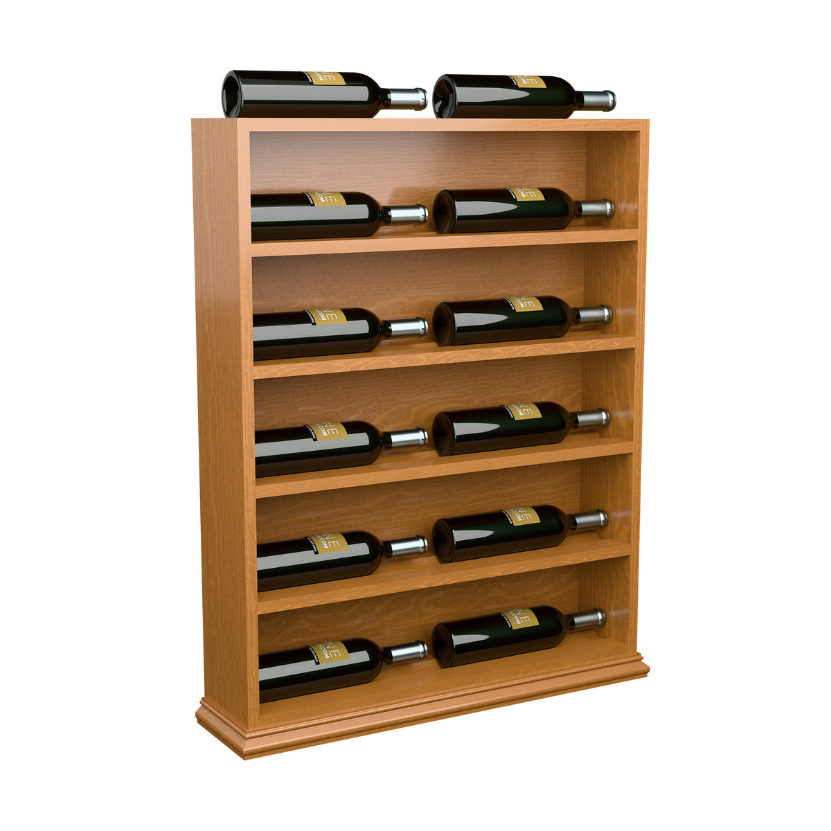 Wine bottle display rack with warm light wood color, featuring bottles on multiple shelves