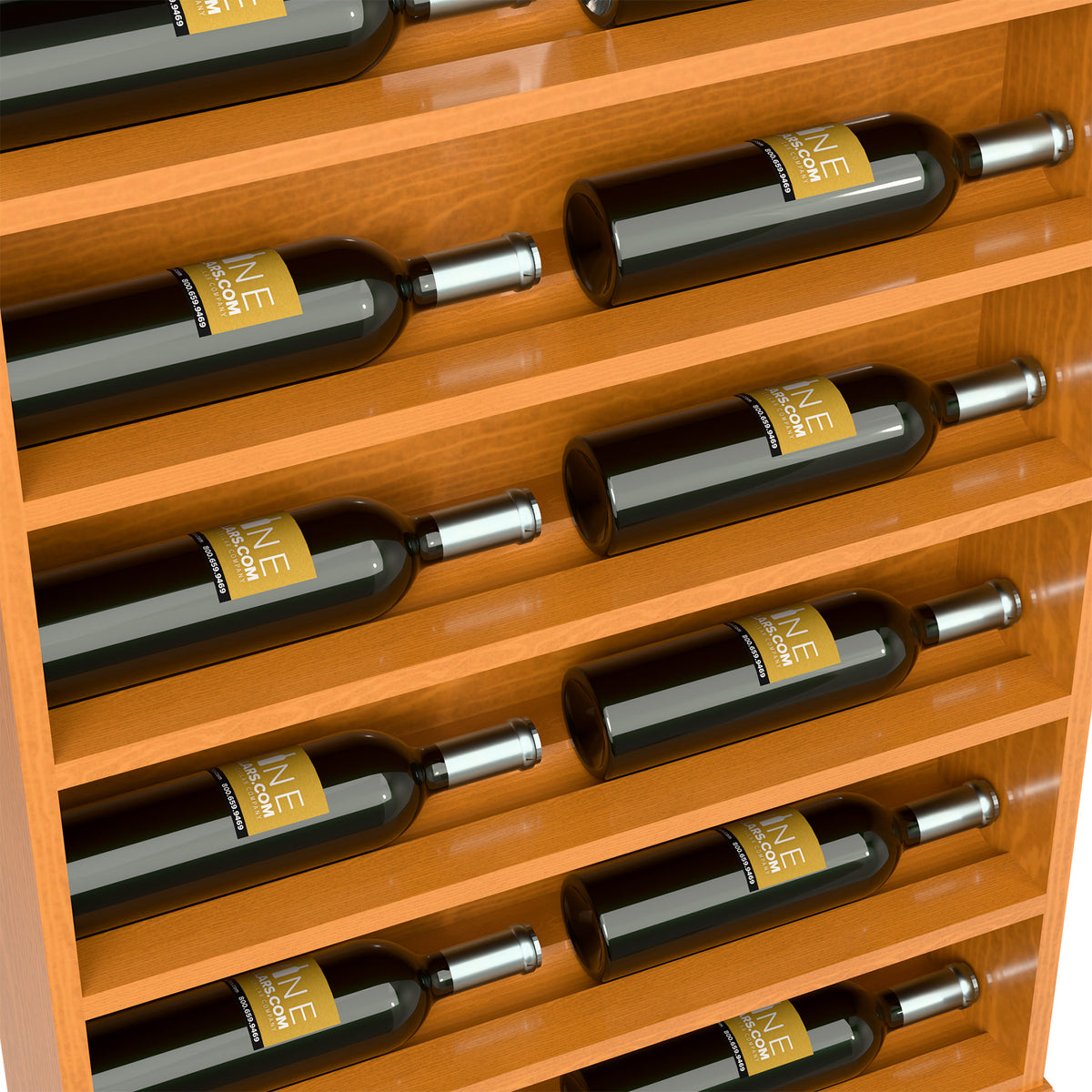 Close-up of wine bottles placed in warm light wood slots across several rows