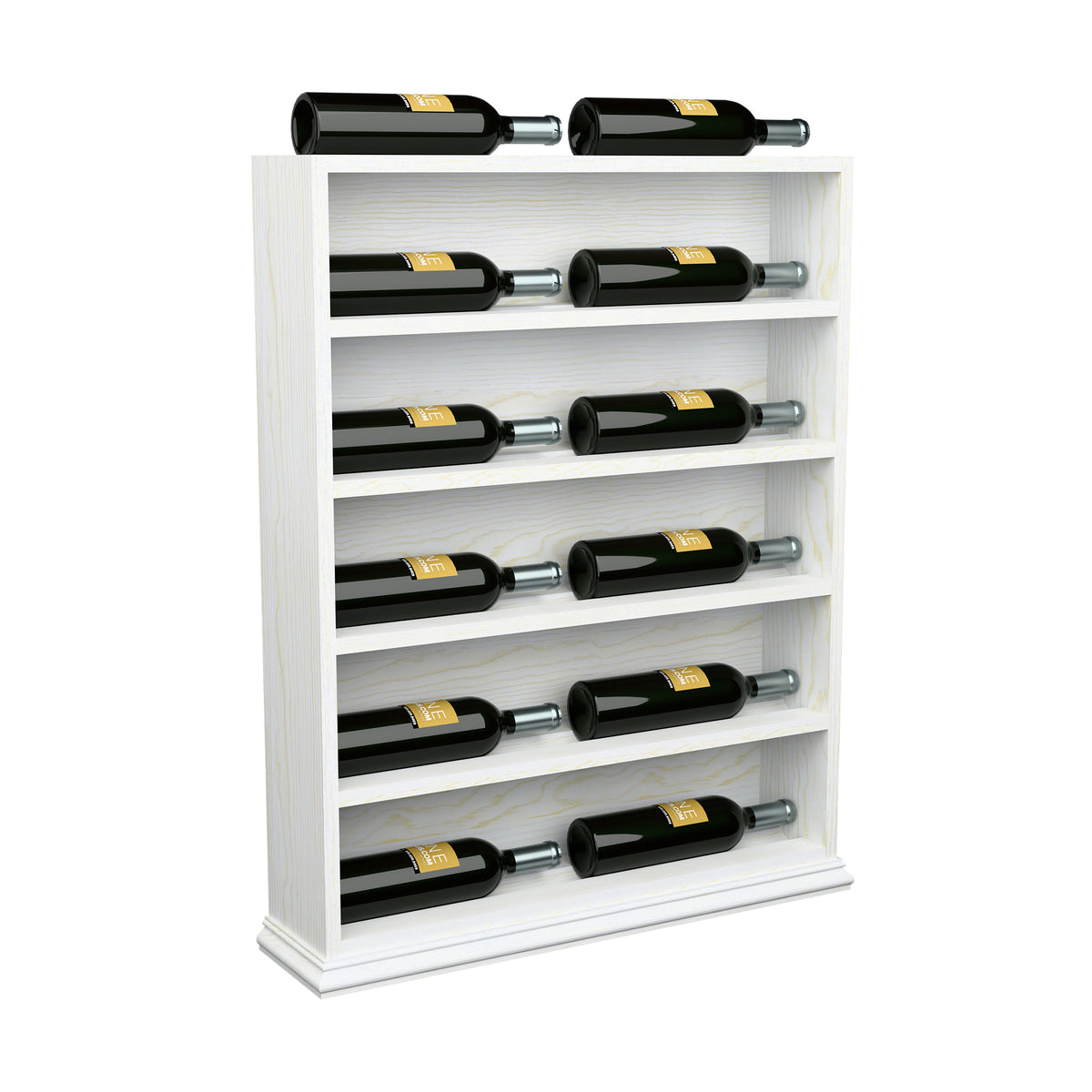 Wine bottle display rack with white wooden shelves and bottles arranged in rows