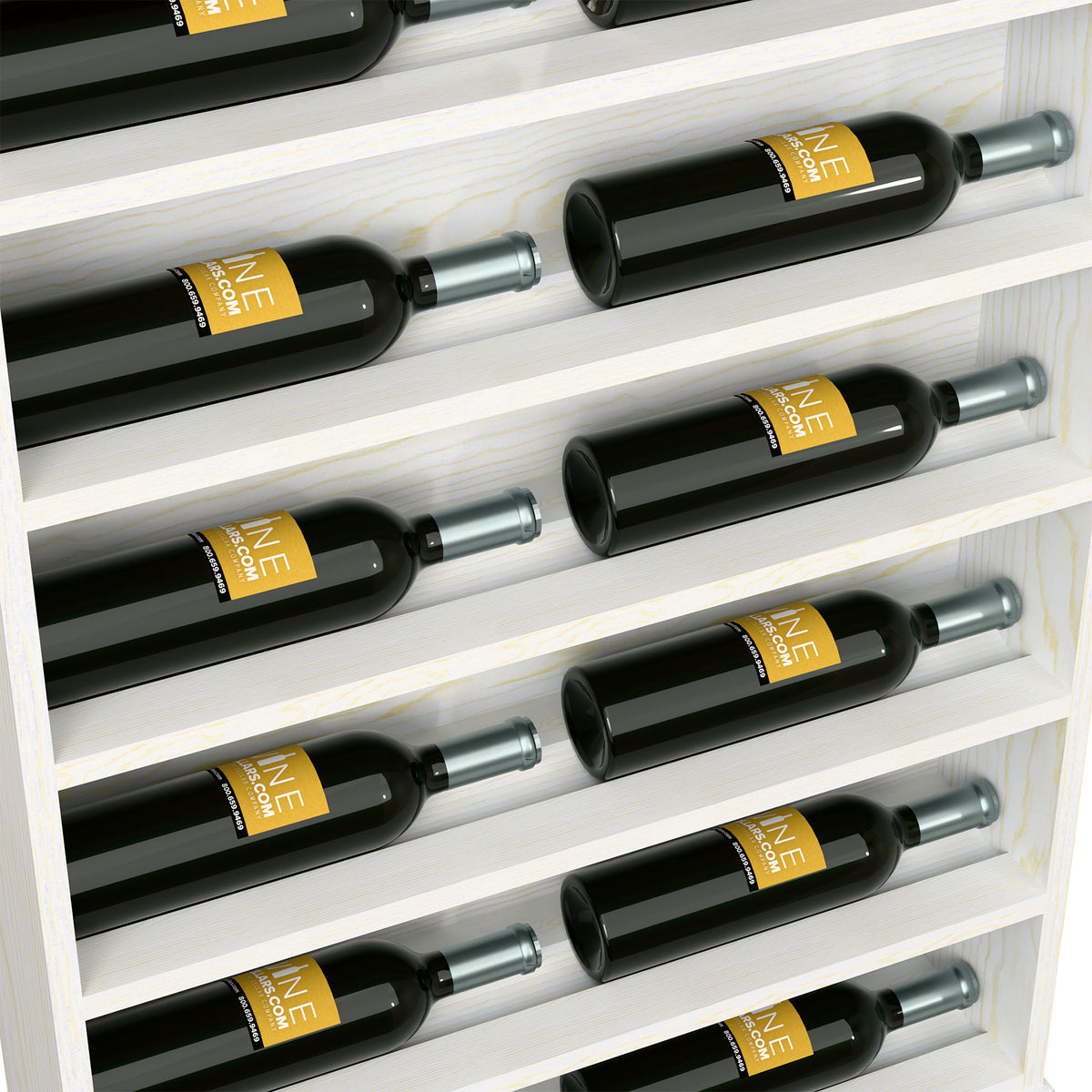 Close-up of wine bottles on white wooden shelves with silver bottle necks