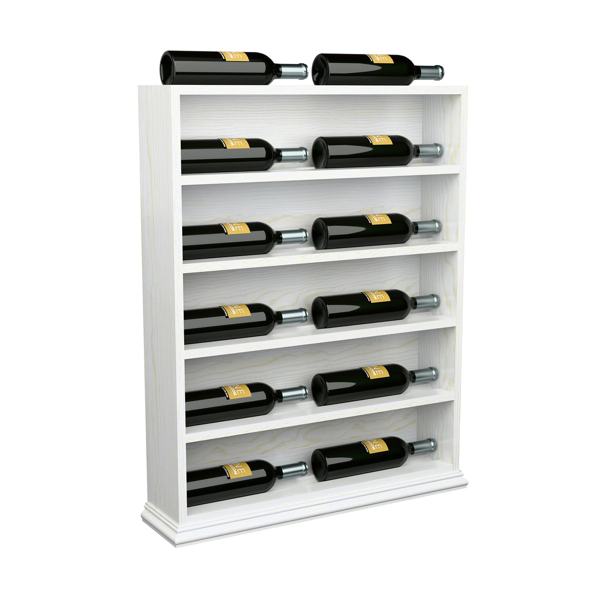 White wine bottle display rack with multiple shelves holding bottles in neat rows
