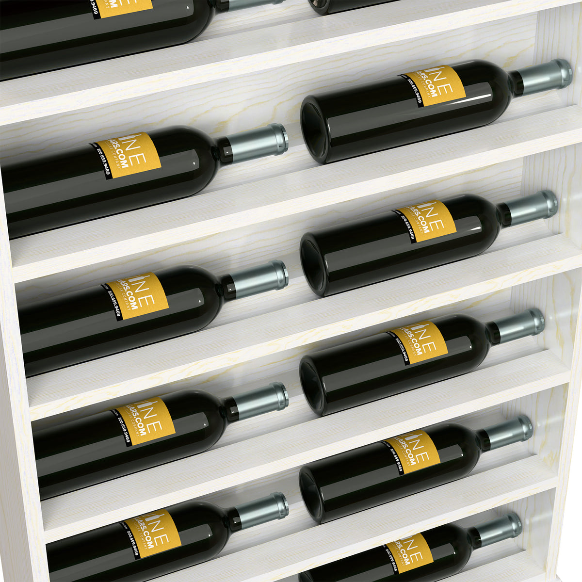 Close-up of bottles in white wooden slots, showing bottle labels and silver necks